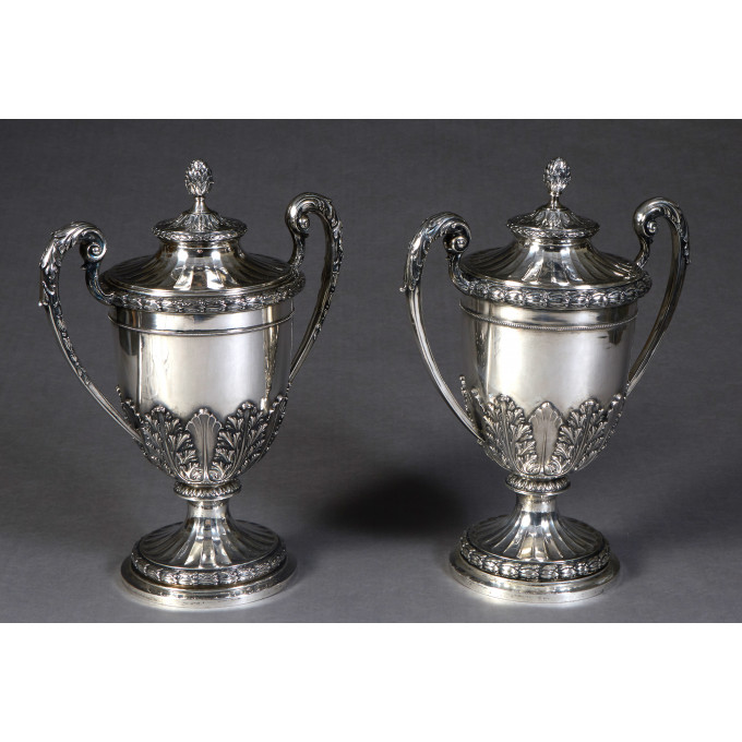 Appraisal: Pair of Large German Silver Covered Urns late th c