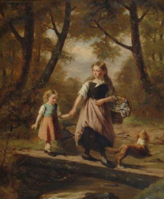 Appraisal: JAN VAN WALRAVEN Mother and Daughter Crossing a Stream signed