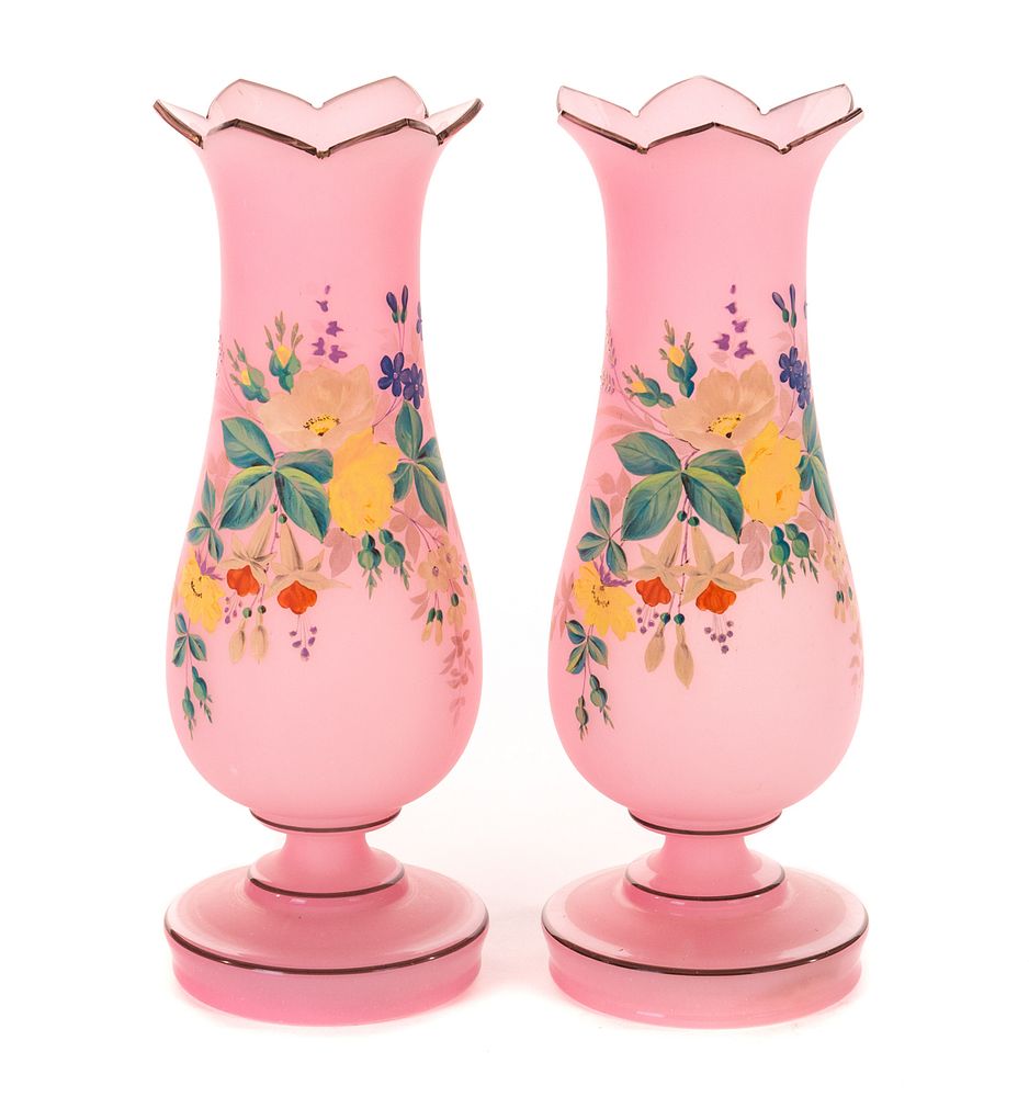 Appraisal: Victorian Pink Bristol Glass Vases Victorian Pink Bristol Glass Vases