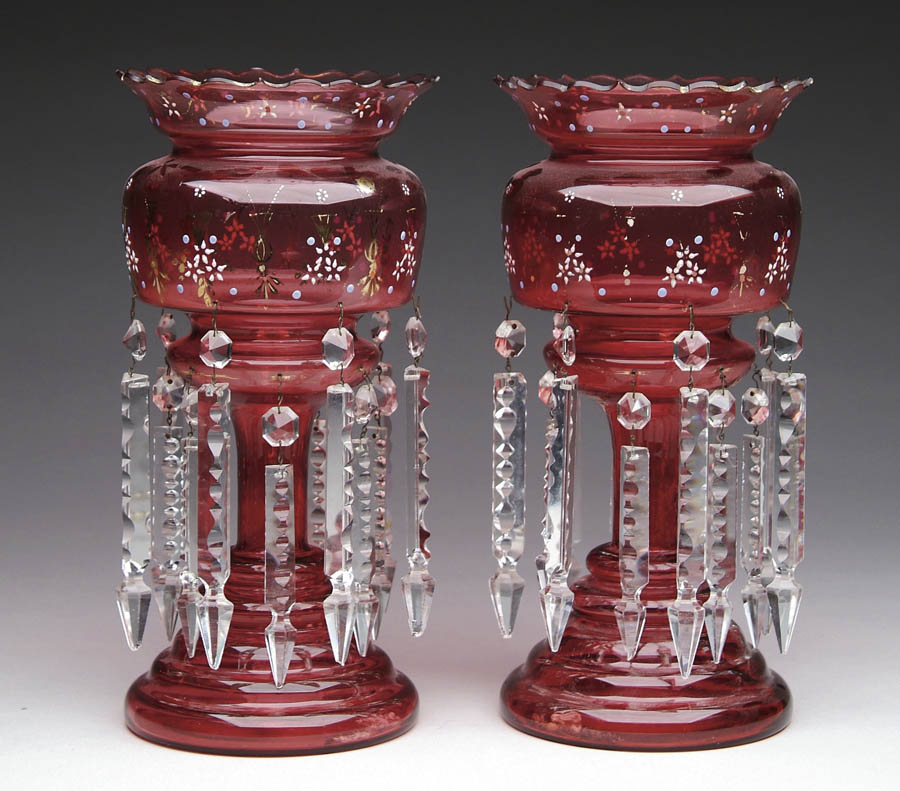 Appraisal: PAIR OF ENAMELED LUSTRES Beautiful pair of cranberry glass lustres