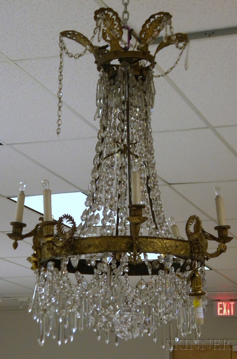 Appraisal: Empire Gilt-metal and Colorless Cut Prisms Eight-light Chandelier electrified imperfections