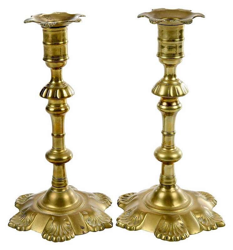 Appraisal: Pair George III Six Shell Brass Candlesticks British th century