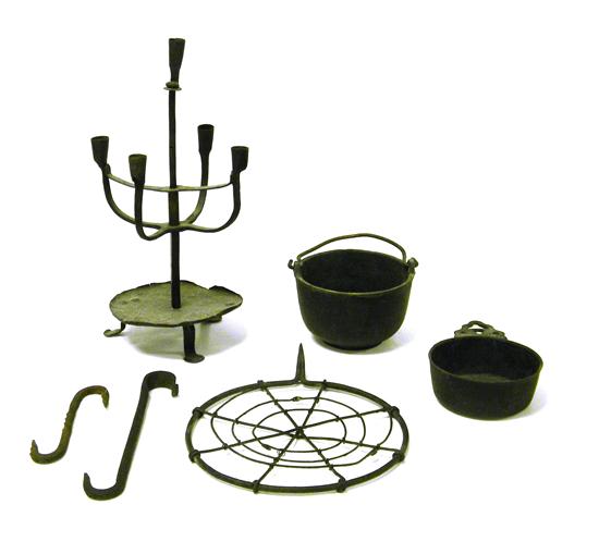 Appraisal: Fireplace accessories six pieces two ''S'' trammel hooks '' and