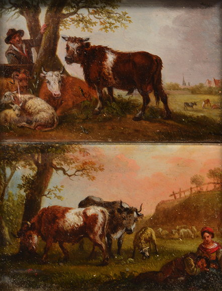 Appraisal: TH CENTURY ENGLISH SCHOOL pastoral scenes a farmer with cattle