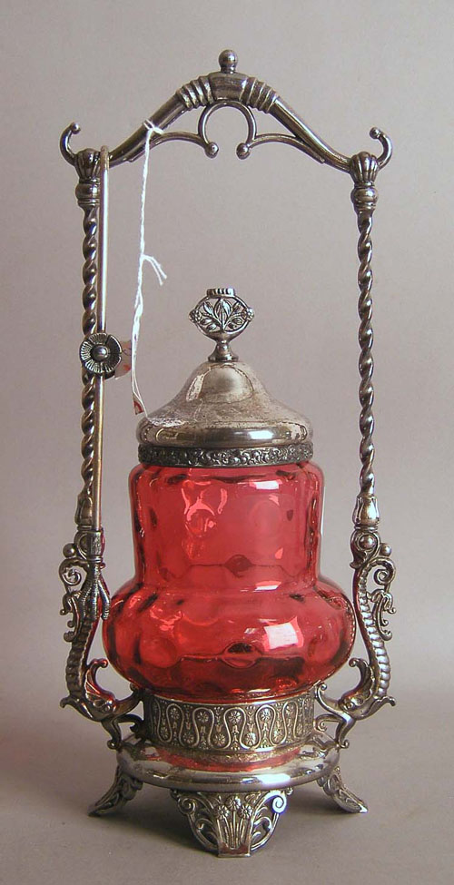 Appraisal: Silver plated and ruby glass pickle canister h