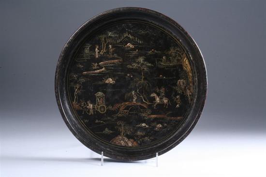 Appraisal: CHINESE BLACK LACQUER CIRCULAR TRAY th century three-character hall mark