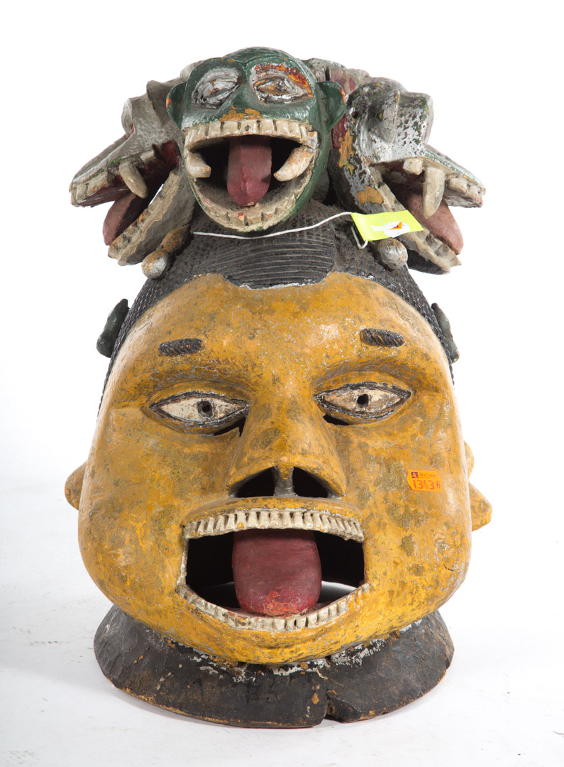 Appraisal: b African carved polychrome wood headdress probably Dan Tribe with