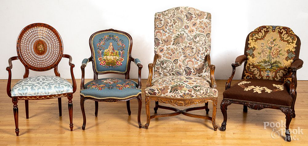 Appraisal: Three needlework upholstered open armchairs toge Three needlework upholstered open