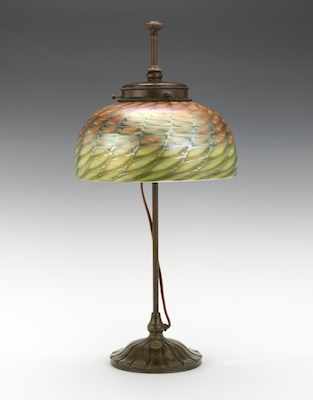 Appraisal: Table Lamp with Signed Tiffany Variegated Damascene Shade Patinated bronze