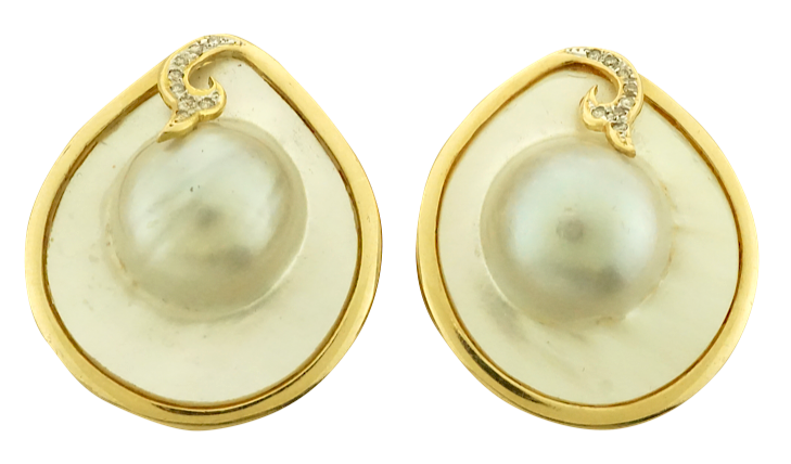 Appraisal: Fourteen Karat Yellow Gold Mabe Blister Pearl and Diamond Earrings