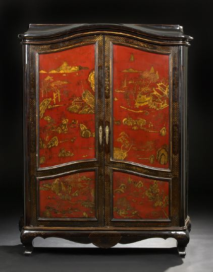 Appraisal: Louis XV-Style Deep Cordovan- and Red-Lacquered Cabinet early th century