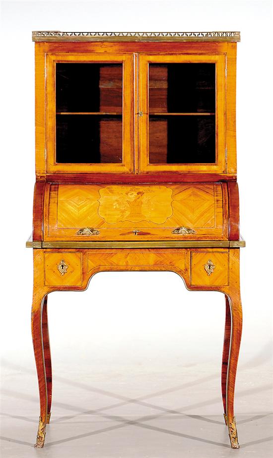 Appraisal: Austrian tulipwood and marquetry cylinder desk th century pierced bronze