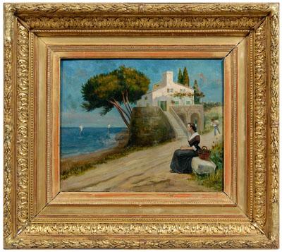 Appraisal: Italian School painting Mediterranean landscape with woman on a rock