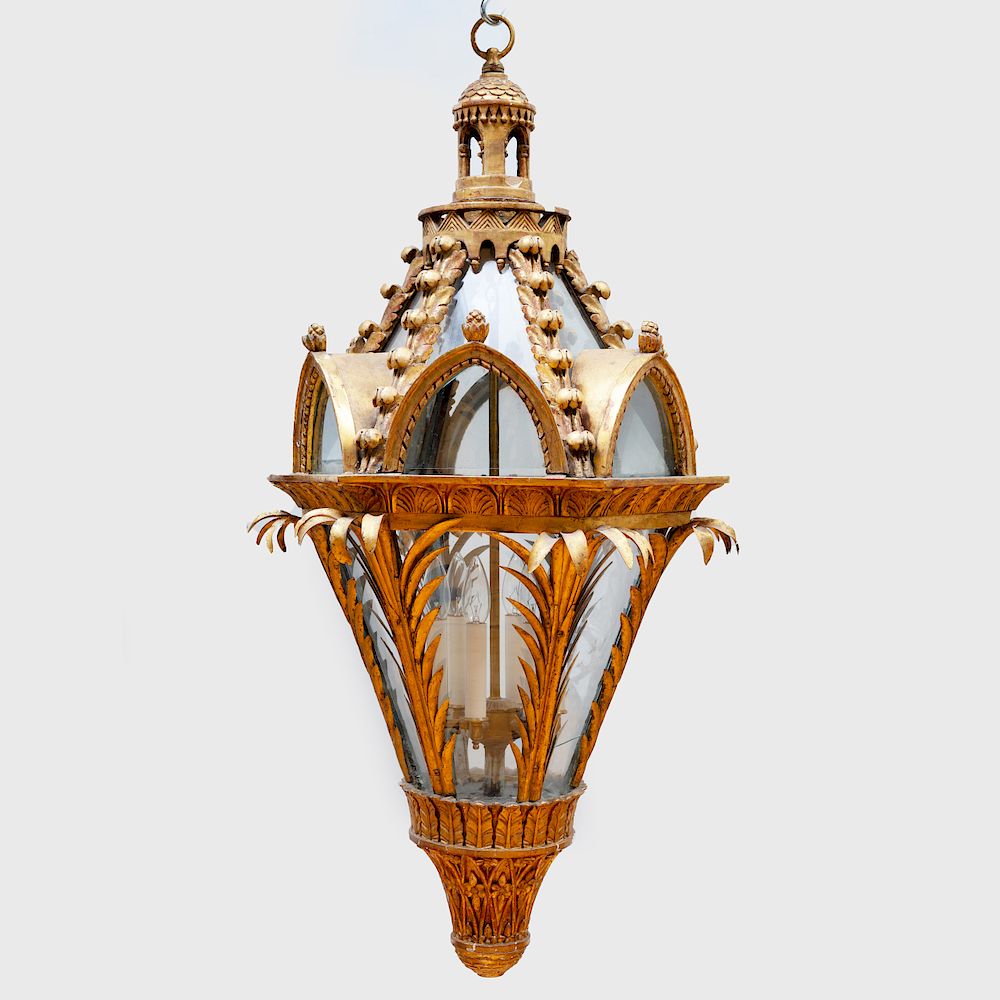 Appraisal: Neo-Gothic Hexagonal-Shaped Giltwood and Gilt T le Hall Lantern Fitted