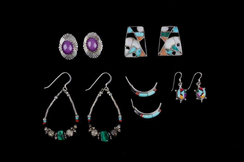 Appraisal: Navajo Sterling Silver Mosaic Earring Collection For your consideration is