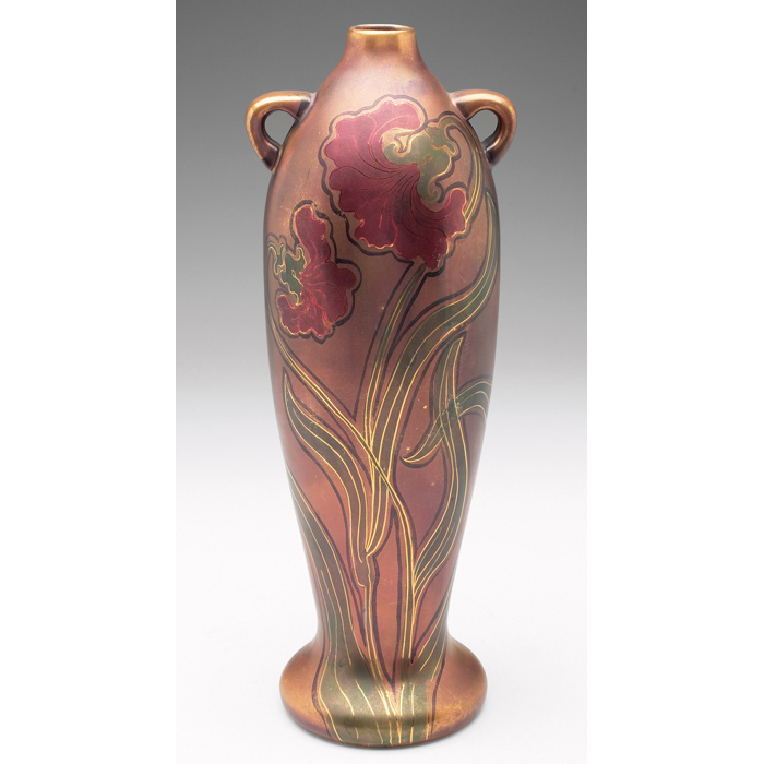 Appraisal: Swastika Keramos vase double handled shape with a copper-colored glaze