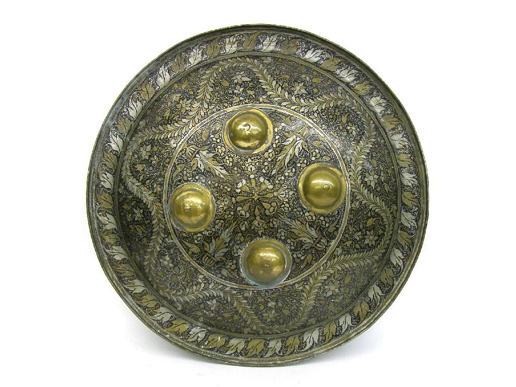 Appraisal: Persian style domed circular shield profusely inlaid with stylised swirling