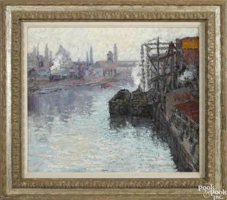 Appraisal: Katharine Farrell American - oil on canvas industrial river scene