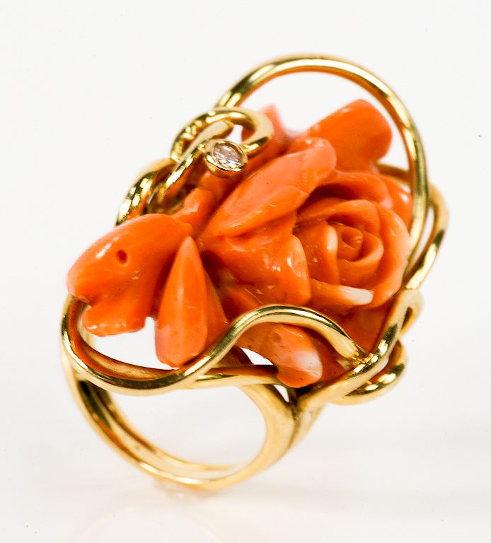 Appraisal: karat gold ring set with floral carved coral and one