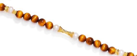 Appraisal: TIGER'S EYE AND PEARL NECKLACE GILBERT ALBERT Silver gold-plated Decorative