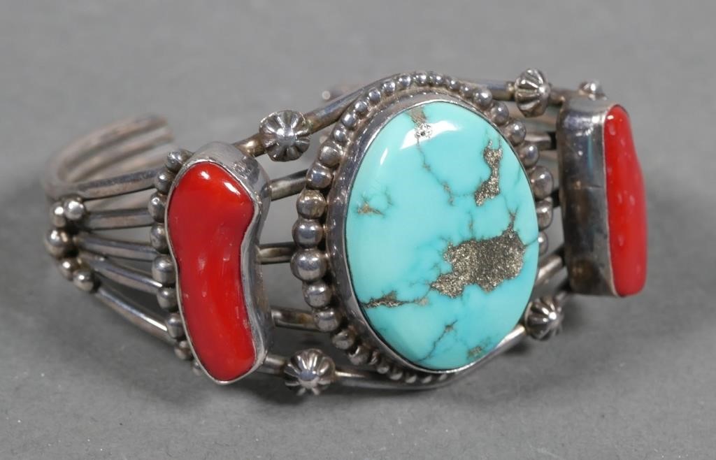 Appraisal: Sterling silver cuff bracelet with turquoise and red coral signed