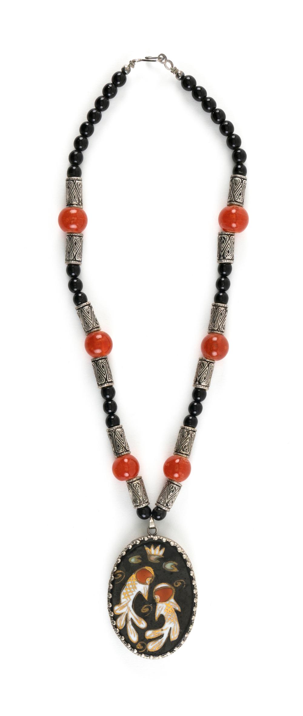 Appraisal: SILVER AND GLASS BEAD NECKLACE WITH ENAMEL DROP PENDANT APPROX