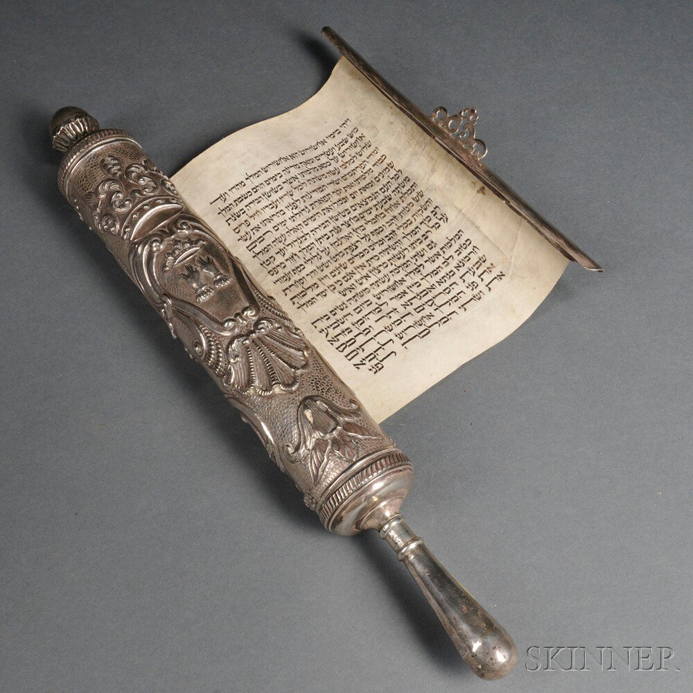 Appraisal: Large Silver-cased Megillah repousse case with scrollwork and crown the