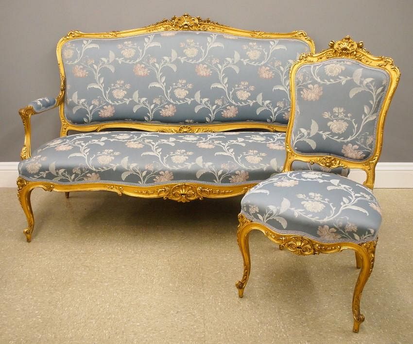 Appraisal: French Gilded settee and chair A good late th century