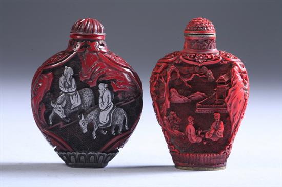 Appraisal: TWO CHINESE CINNABAR SNUFF BOTTLES One with Qianlong mark Each