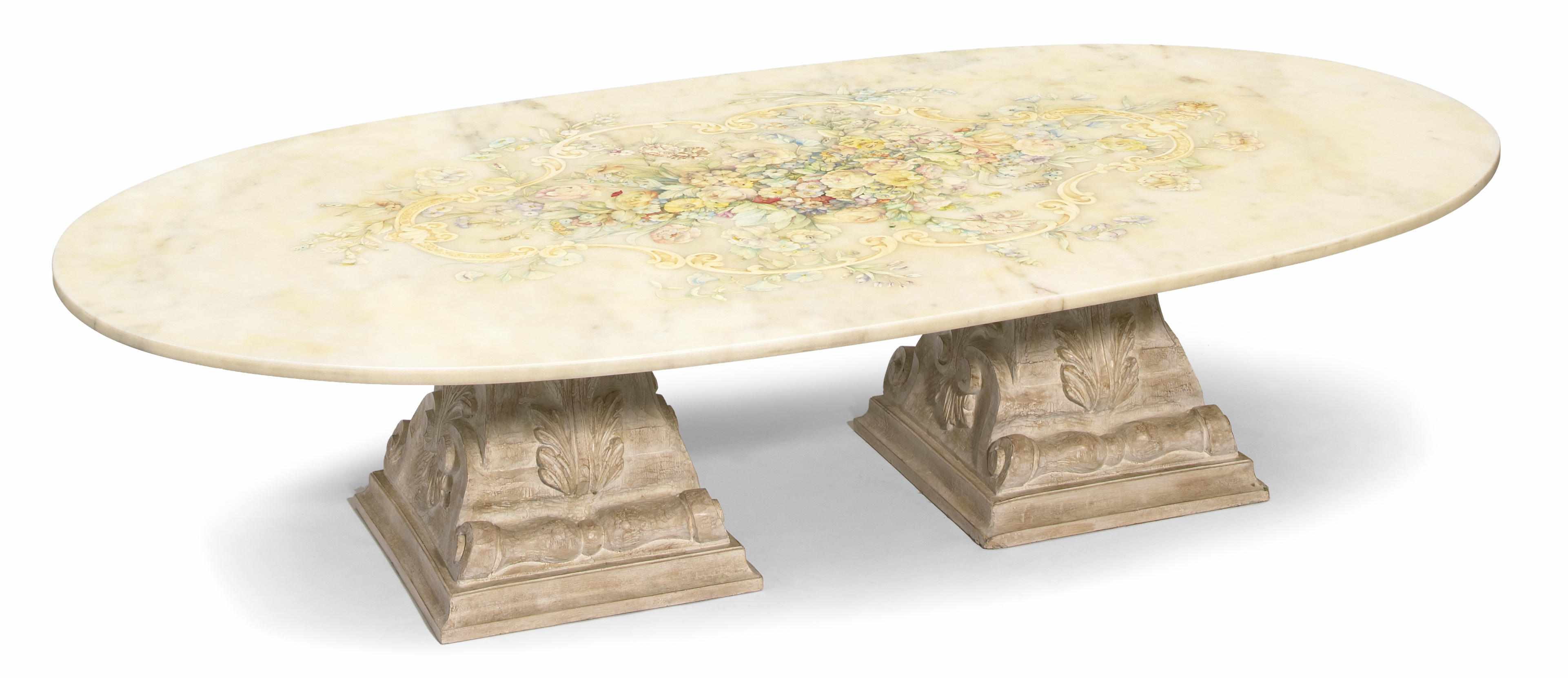 Appraisal: A Continental paint decorated alabaster table top on a pair