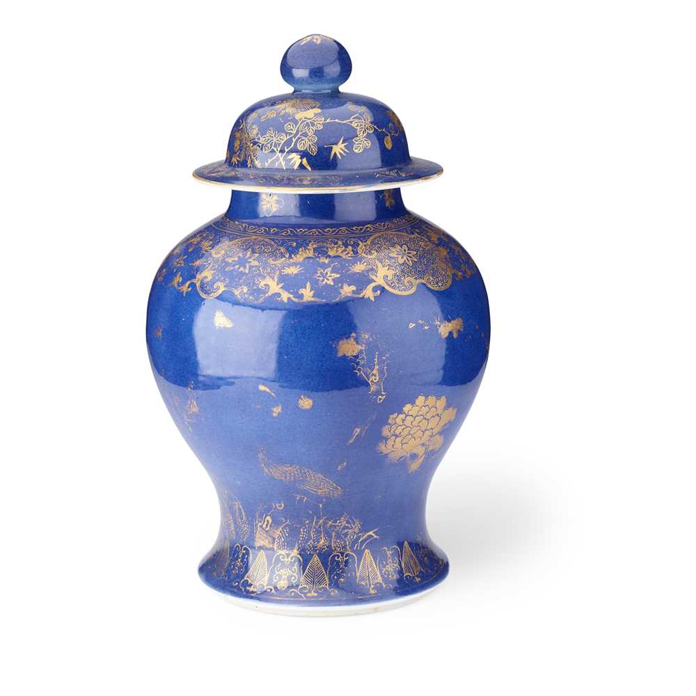 Appraisal: GILT-DECORATED POWDER-BLUE-GLAZED BALUSTER VASE WITH COVER QING DYNASTY TH CENTURY