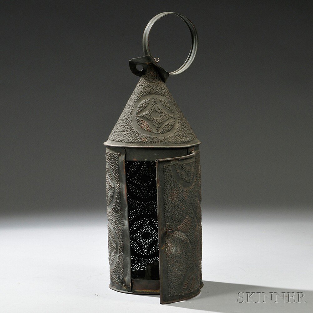 Appraisal: Pierced Brass Lantern America th century cylindrical lantern with loop