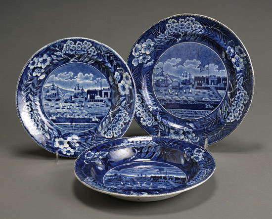 Appraisal: Group of Three Staffordshire Historical Dark Blue Transfer-Decorated 'Landing of