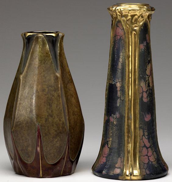 Appraisal: AMPHORA Two tapered vases one with guilded buttresses and marbleized