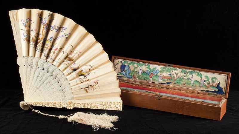 Appraisal: Carved Chinese Fan with Sandalwood Box th century carved and