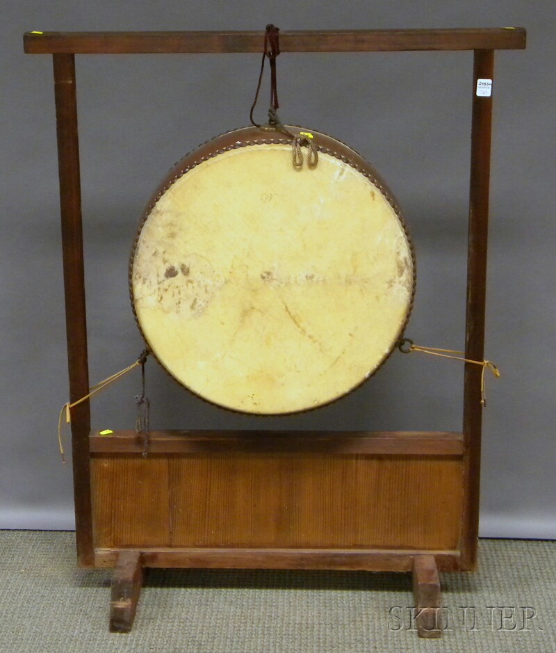 Appraisal: Japanese Ceremonial Drum in Wood Frame overall ht wd dp