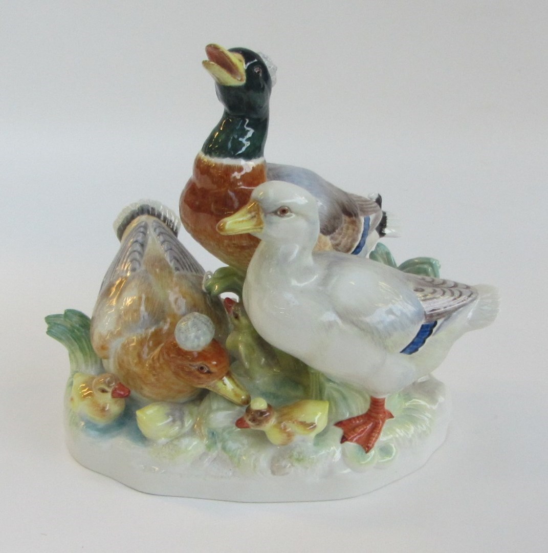 Appraisal: A Meissen group of ducks by August Ringler blue crossed