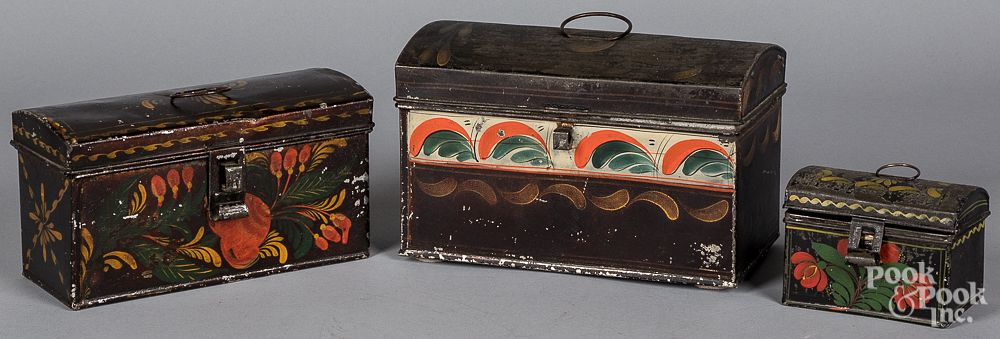 Appraisal: Three Pennsylvania painted toleware dome top boxes Three Pennsylvania painted