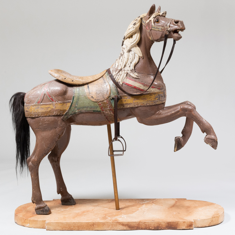 Appraisal: Renner Painted Leather and Metal Rearing Carousel Horse With horsehair