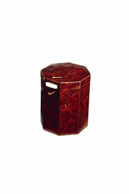 Appraisal: An octagonal burr yew tobacco jar inlaid ivorene pipe motifs