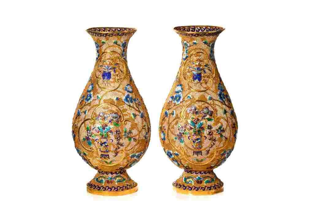 Appraisal: PAIR OF CHINESE ENAMELED GILT SILVER VERMEIL VASESChinese each vase