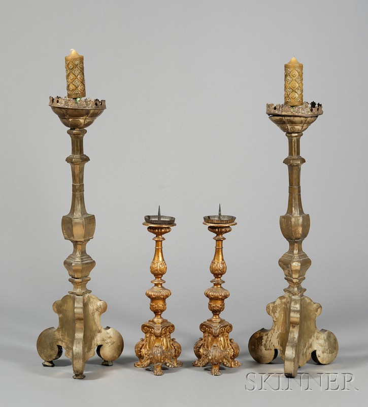 Appraisal: Two Pairs of Continental Baroque Brass and Giltwood Pricket Sticks