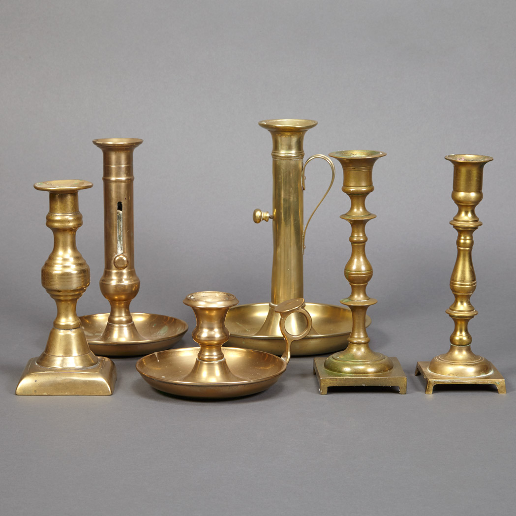 Appraisal: Group of Brass Candlesticks Including five pairs Height of tallest