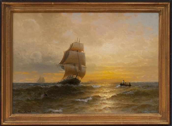 Appraisal: EDWARD MORAN - FULL SAIL AT SUNSET Oil on canvas