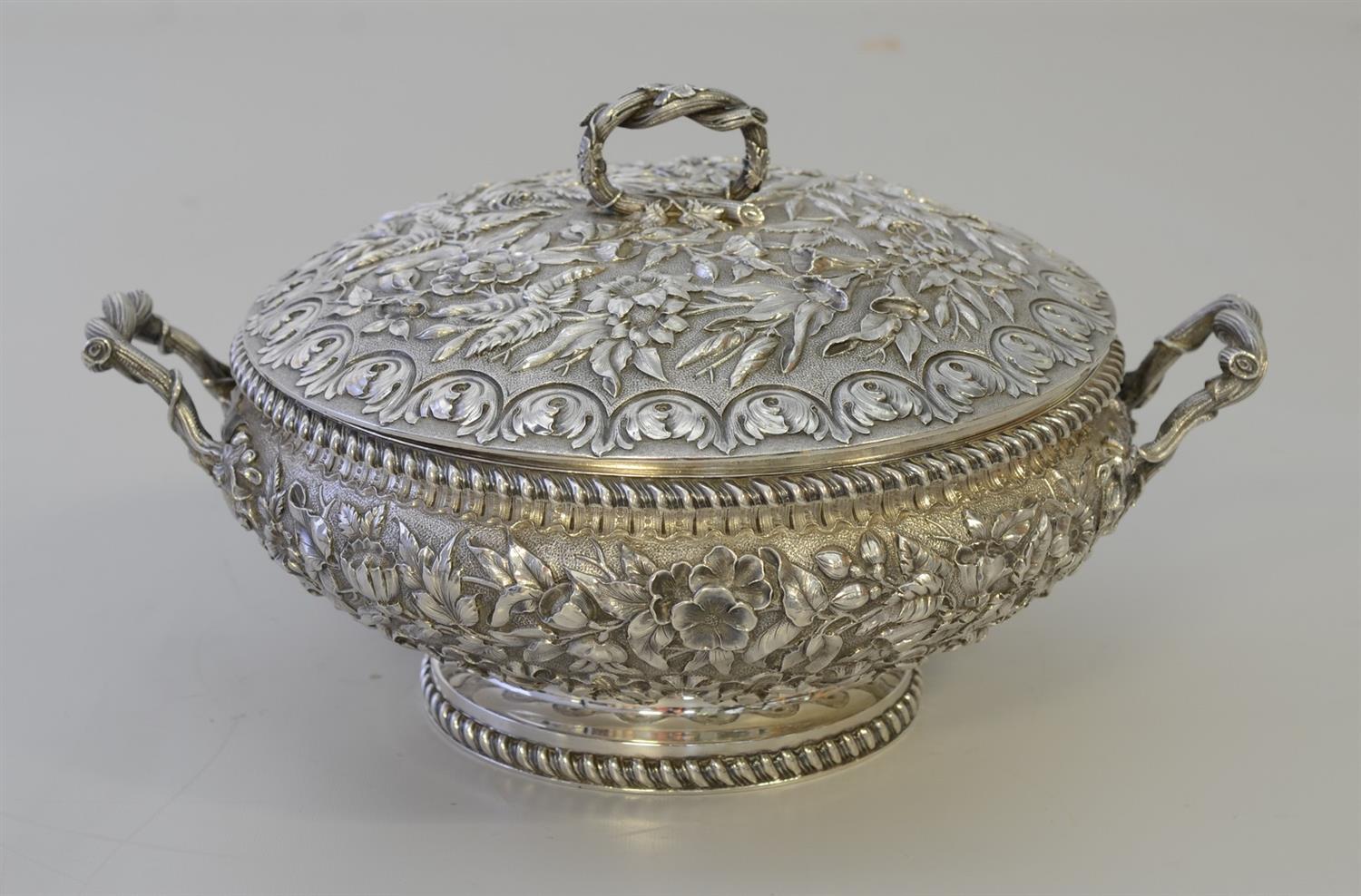 Appraisal: Fine floral repousse sterling silver covered dish twisted vine handles