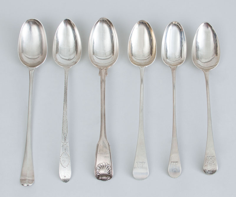 Appraisal: GEORGE I CRESTED SILVER BASTING SPOON AND FIVE GEORGE III