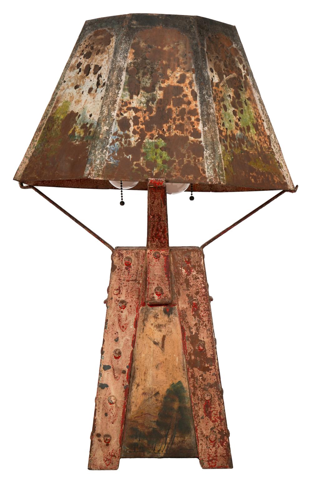 Appraisal: FOLK ART PAINTED IRON TABLE LAMPthe spreading square base painted