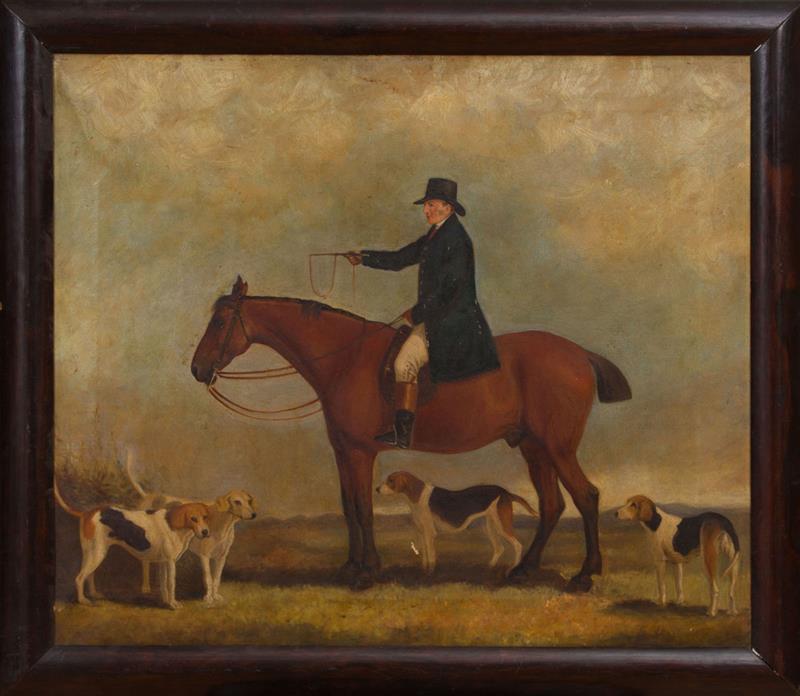 Appraisal: ENGLISH SCHOOL FOX HUNT MASTER ON HORSEBACK WITH HOUNDS Oil