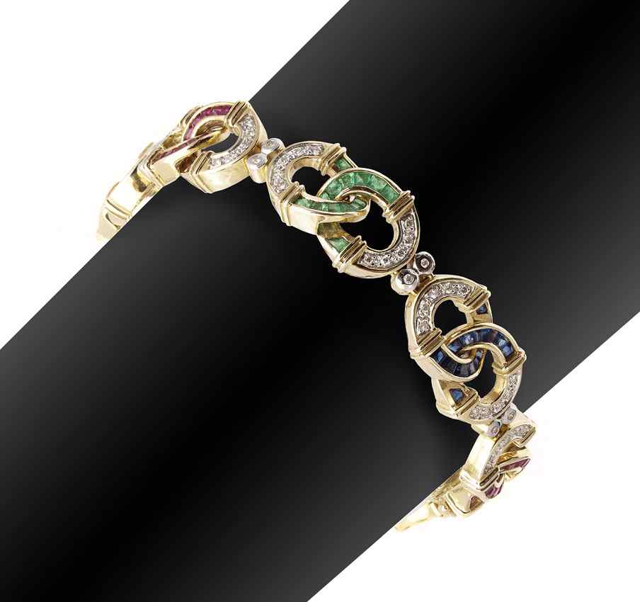 Appraisal: DIAMOND GEMSTONE BRACELET K yellow gold circle link bracelet contains