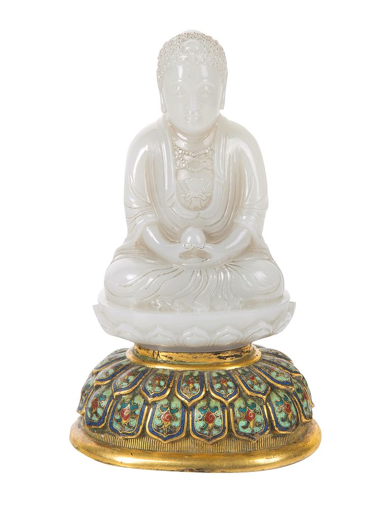 Appraisal: A CHINESE WHITE JADE FIGURE OF BUDDHA SHAKYAMUNI WITH GILT